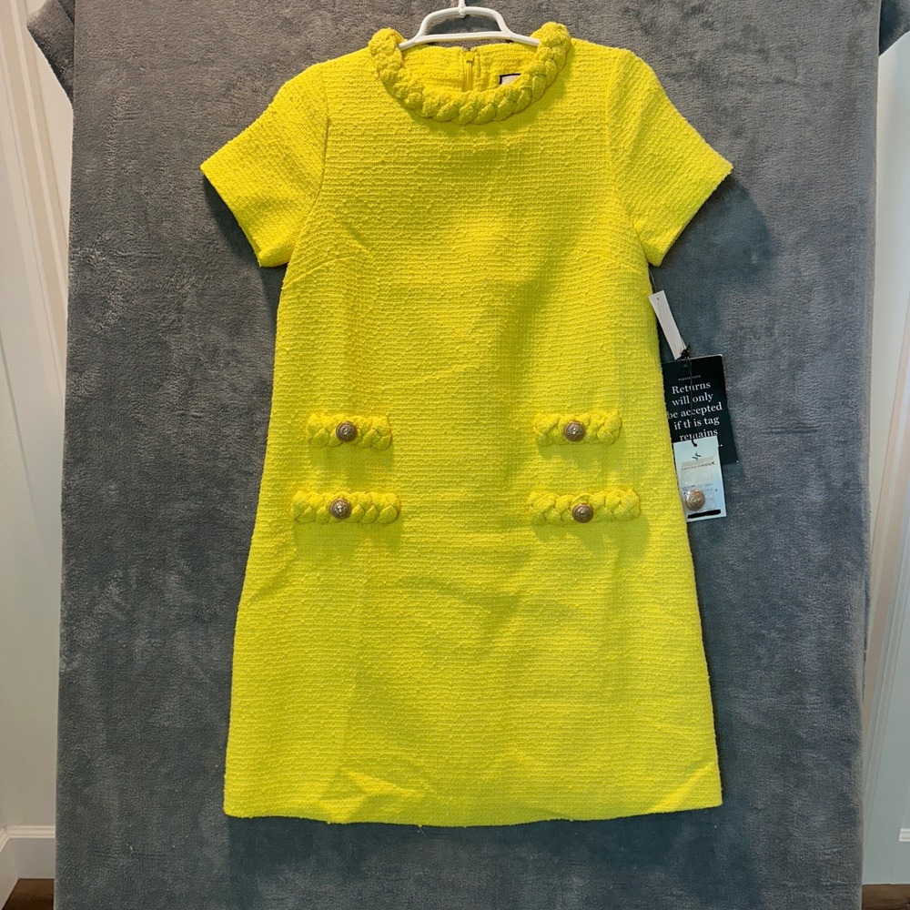NWT Tuckernuck Tweed Shift Dress Women XS Yellow Braided Trim Gold Lion Button